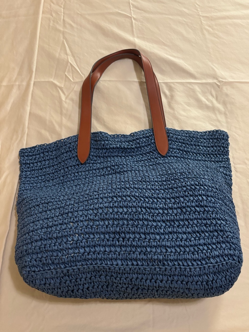 Banana Republic Blue Woven Tote Bag with Brown Handles